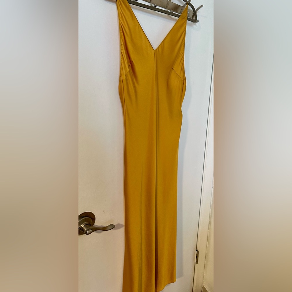 ZARA Satin Effect Slip Maxi Dress Mustard Yellow Open Back Size L - Picture 3 of 5